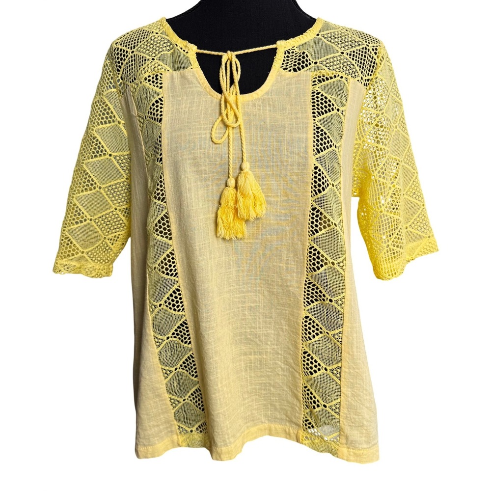 Cottagecore Yellow Crochet Lace Peasant Blouse Tassel Boho Top Short Large